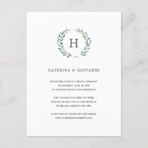 Greenery Wreath Elegant Monogram Elopement Wedding Aankondigingskaart