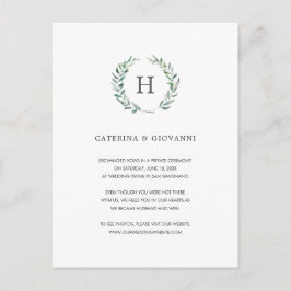 Greenery Wreath Elegant Monogram Elopement Wedding Aankondigingskaart