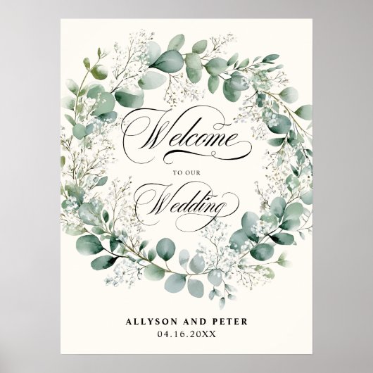 Greenery Wreath Elegant Neutral Script Wedding Poster (Voorkant)