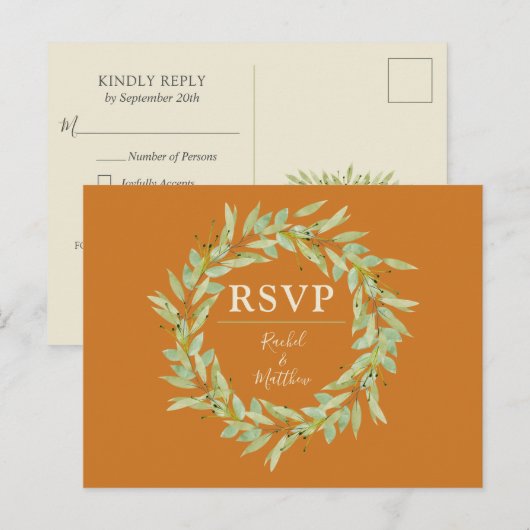 Greenery Wreath Fall Wedding RSVP Briefkaart (Voorkant / Achterkant)