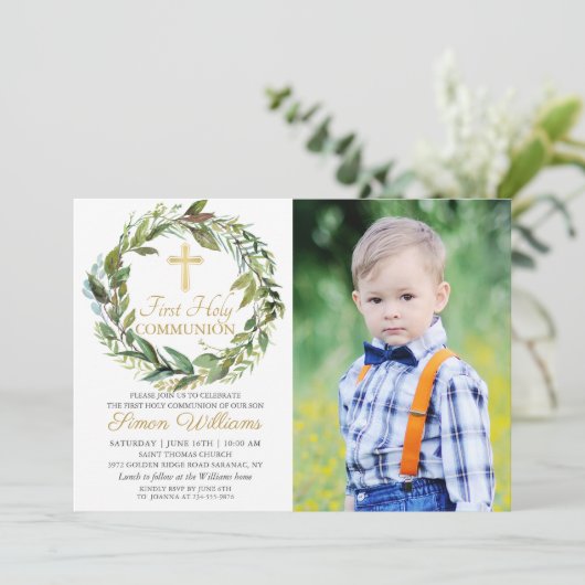Greenery Wreath First Heilige Communauteit Foto Kaart (Staand voorkant)