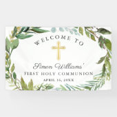 Greenery Wreath First Heilige Communauteit Welkom Spandoek (Horizontaal)