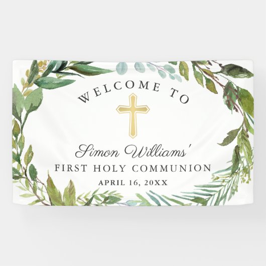 Greenery Wreath First Heilige Communauteit Welkom Spandoek (Horizontaal)