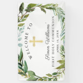 Greenery Wreath First Heilige Communauteit Welkom Spandoek (Verticaal)
