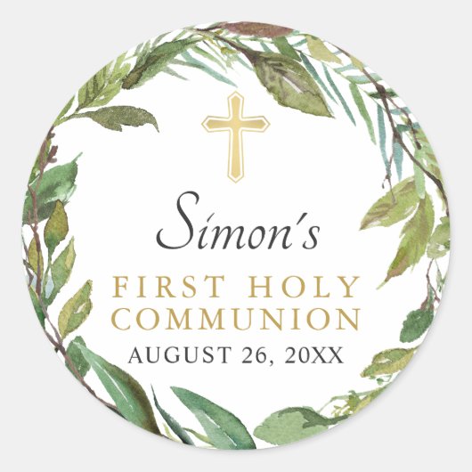 Greenery Wreath First Heilige Communie Dank u Ronde Sticker (Voorkant)