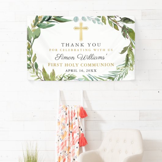 Greenery Wreath First Heilige Communie Dank u Spandoek (Insitu)