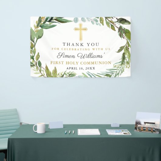 Greenery Wreath First Heilige Communie Dank u Spandoek (Beurs)