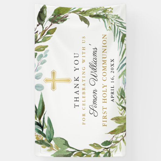 Greenery Wreath First Heilige Communie Dank u Spandoek (Verticaal)