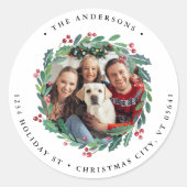 Greenery Wreath Foto Vakantie Retour Adres Ronde Sticker (Voorkant)