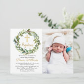 Greenery Wreath Gold Cross Boy Baptism Foto Kaart (Staand voorkant)