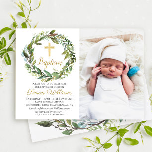 Greenery Wreath Gold Cross Boy Baptism Foto Kaart