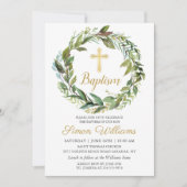 Greenery Wreath Gold Cross Boy Baptism Invitation Kaart (Voorkant)