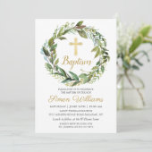Greenery Wreath Gold Cross Boy Baptism Invitation Kaart (Staand voorkant)