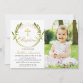 Greenery Wreath Gold Cross Girl Baptism Foto Kaart (Voorkant)