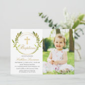 Greenery Wreath Gold Cross Girl Baptism Foto Kaart (Staand voorkant)
