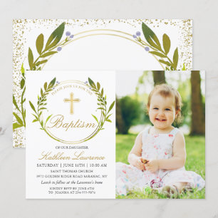 Greenery Wreath Gold Cross Girl Baptism Foto Kaart