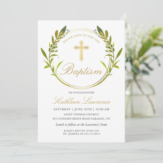 Greenery Wreath Gold Cross Girl Baptisme Kaart (Staand voorkant)