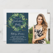 Greenery Wreath Gold Navy Blue 2 Photo Afstuderen Kaart (Voorkant)