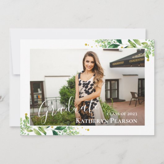 Greenery Wreath Gold Navy Blue 2 Photo Afstuderen Kaart (Achterkant)