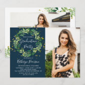 Greenery Wreath Gold Navy Blue 2 Photo Afstuderen Kaart (Voorkant / Achterkant)