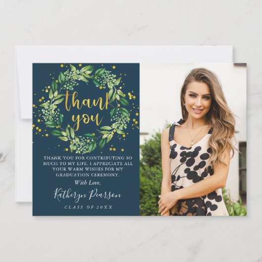 Greenery Wreath Gold Navy Blue Afstuderen Bedankkaart (Voorkant)