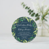 Greenery Wreath Gold Navy Blue Afstuderen Kaart (Staand voorkant)