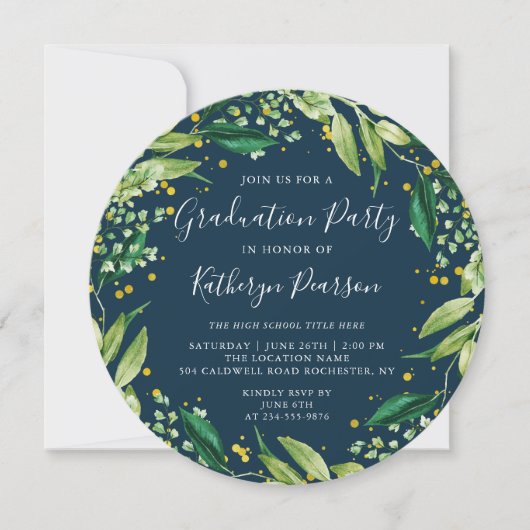 Greenery Wreath Gold Navy Blue Afstuderen Kaart (Voorkant)