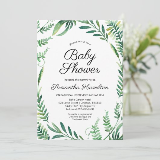 Greenery Wreath Modern Botanisch Baby shower Kaart (Staand voorkant)