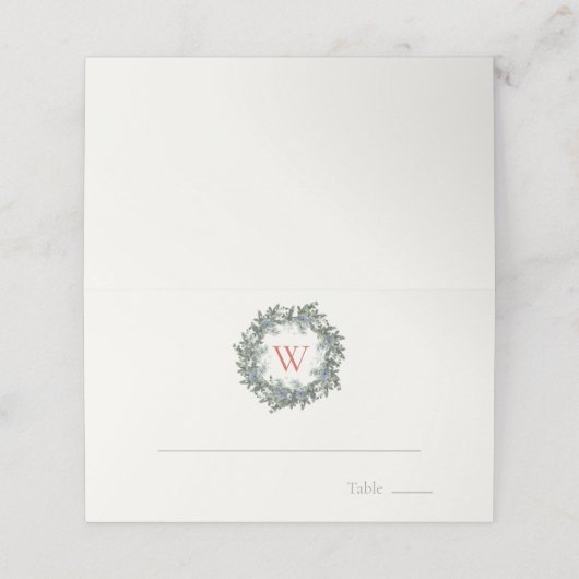 Greenery Wreath Monogram Kerstfeestdag Plaatskaartje (Buitenkant ongevouwen)