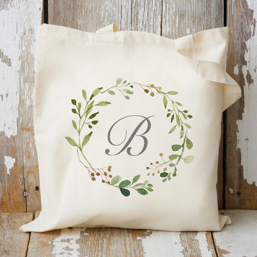 Greenery Wreath Monogram Tote Bag