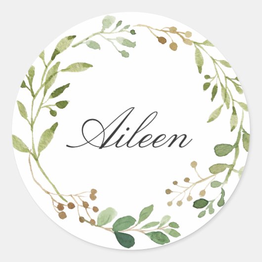 Greenery Wreath personalize name Ronde Sticker (Voorkant)