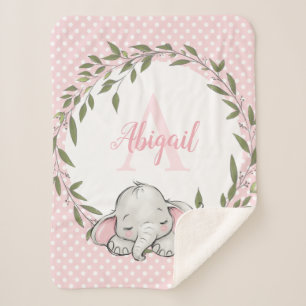 Greenery Wreath Pink Elephant Personalized Girl Sherpa Deken