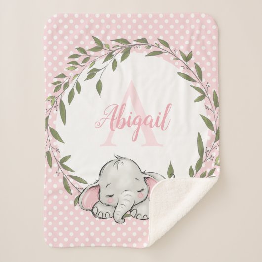 Greenery Wreath Pink Elephant Personalized Girl Sherpa Deken (Voorkant)