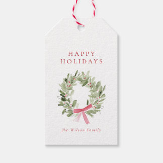 Greenery Wreath & Red Bow Holiday Cadeaulabel