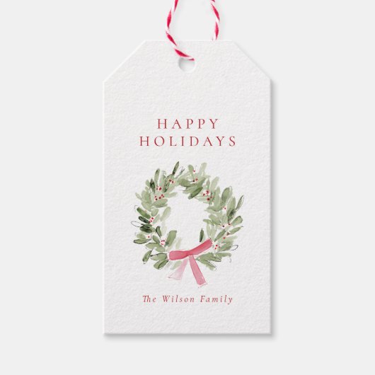 Greenery Wreath & Red Bow Holiday Cadeaulabel (Voorkant)