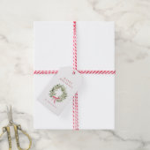 Greenery Wreath & Red Bow Holiday Cadeaulabel (Met Touw)