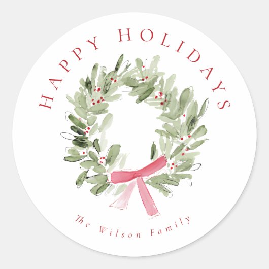 Greenery Wreath & Red Bow Holiday Ronde Sticker (Voorkant)