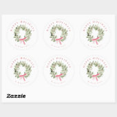 Greenery Wreath & Red Bow Holiday Ronde Sticker (Vel)