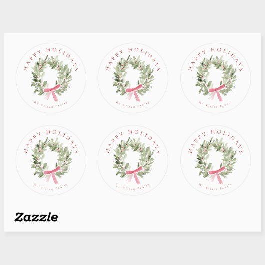 Greenery Wreath & Red Bow Holiday Ronde Sticker (Vel)