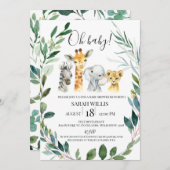 Greenery Wreath Safari Animals Baby shower Kaart (Voorkant / Achterkant)