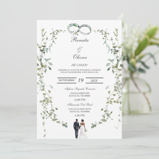 Greenery wreath Spanish Wedding Invitation Kaart (Staand voorkant)