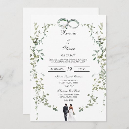 Greenery wreath Spanish Wedding Invitation Kaart (Voorkant / Achterkant)