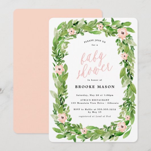 Greenery Wreath Spring Baby shower Invitation Kaart (Voorkant / Achterkant)