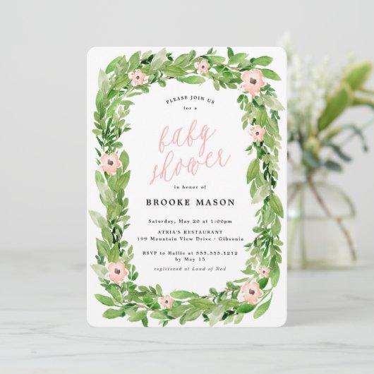 Greenery Wreath Spring Baby shower Invitation Kaart (Staand voorkant)