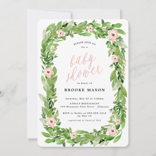 Greenery Wreath Spring Baby shower Invitation Kaart (Voorkant)