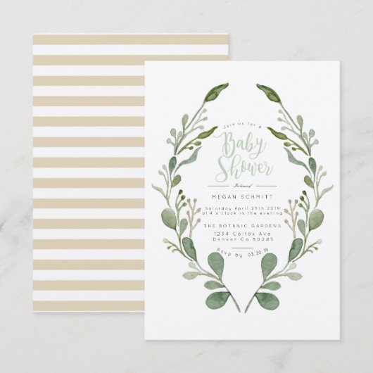 Greenery Wreath Waterverf | Baby shower Uitnodigin Kaart (Voorkant / Achterkant)