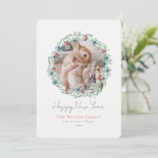 Greenery WreatPhoto New Year Holiday Kaart (Staand voorkant)