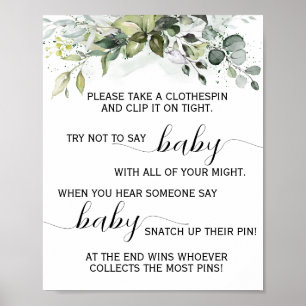 Greenery zegt geen Baby Clothespin Shower Game Poster