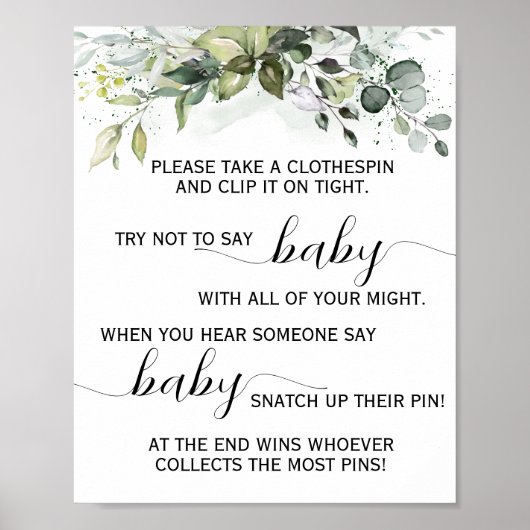 Greenery zegt geen Baby Clothespin Shower Game Poster (Voorkant)