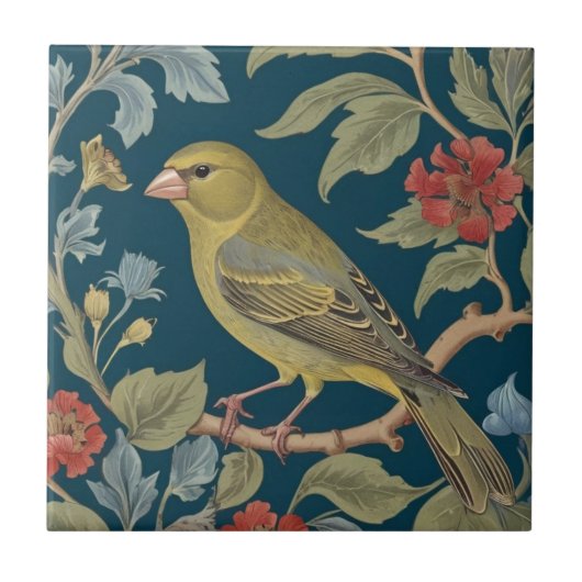 Greenfinch William Morris style L Green Finch Bird Tegeltje (Voorkant)